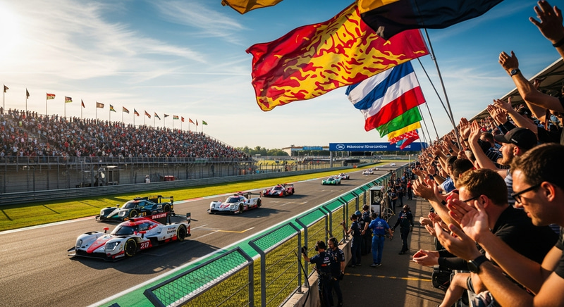 Thrilling Motorsport Event with Speedy Race Cars and Enthusiastic Fans Thrilling Motorsport Event with Speedy Race Cars and Enthusiastic Fans