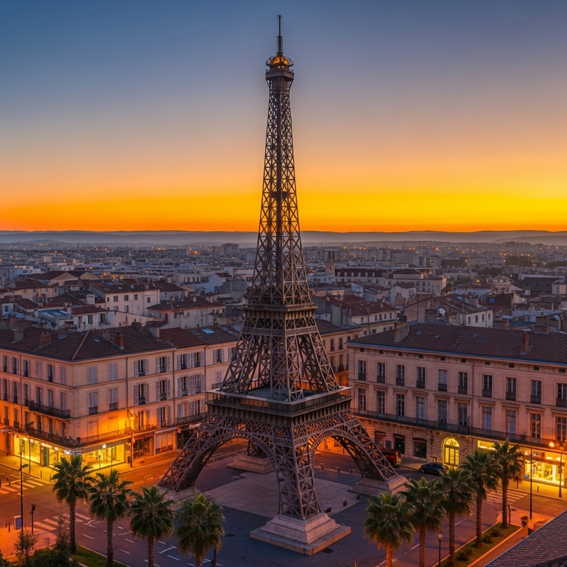 Eiffel Tower at Sunrise in Nimes, France Eiffel Tower at Sunrise in Nimes, France
