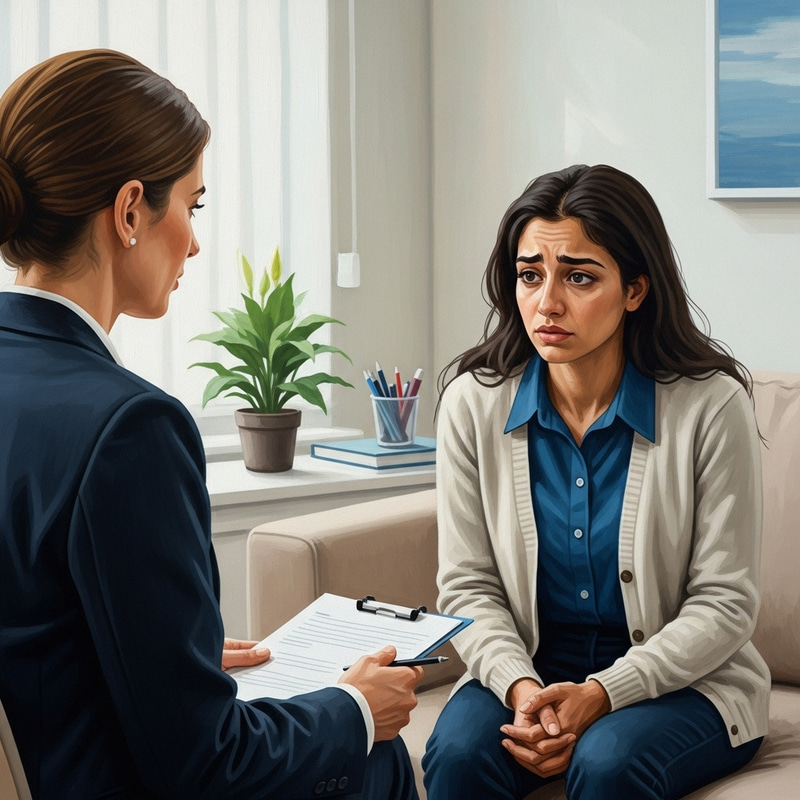 Depressed Tajik Woman in Consultation on Gender-Based Violence Depressed Tajik Woman in Consultation on Gender-Based Violence