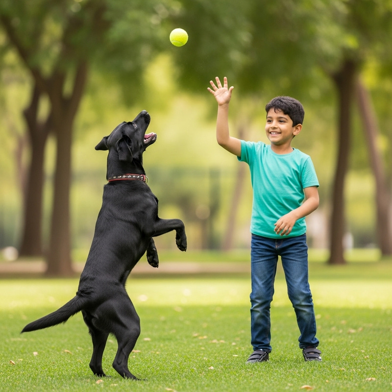 Playful Dog Plays with Boy in Green Park Playful Dog Plays with Boy in Green Park