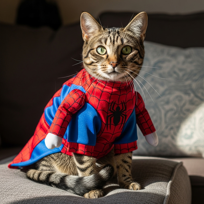 Adorable Cat in Spiderman Costume | Living Room Scene Adorable Cat in Spiderman Costume | Living Room Scene
