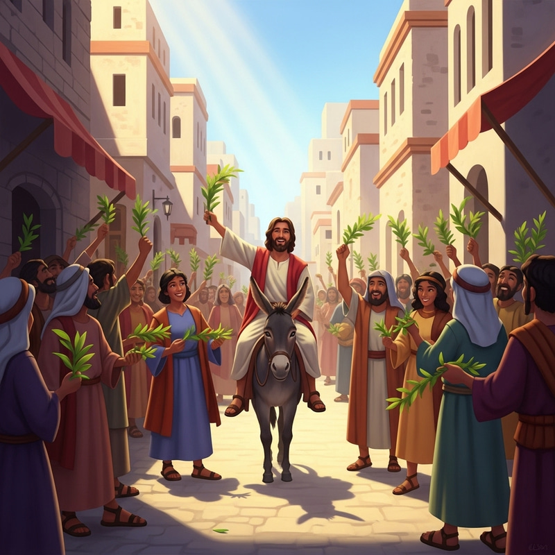 Jesus' Triumphal Entry: Joyful Donkey Ride in Colorful Cityscape