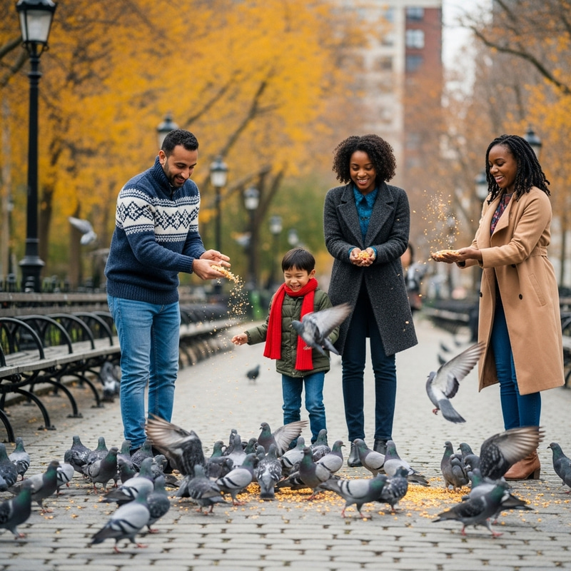 Feeding Pigeons in Urban Park Feeding Pigeons in Urban Park