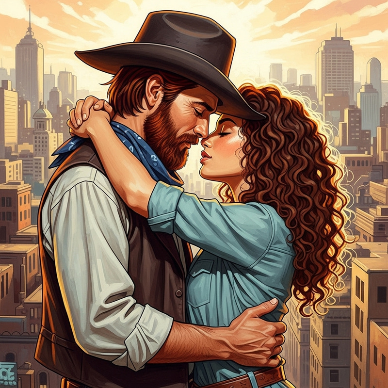 Captivating Love Story: Rugged Cowboy & Auburn Beauty in Surreal Cityscape Captivating Love Story: Rugged Cowboy & Auburn Beauty in Surreal Cityscape