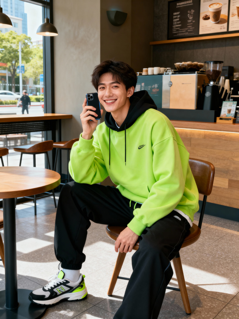 Trendy Streetwear Influencer in Urban Coffee Shop Trendy Streetwear Influencer in Urban Coffee Shop
