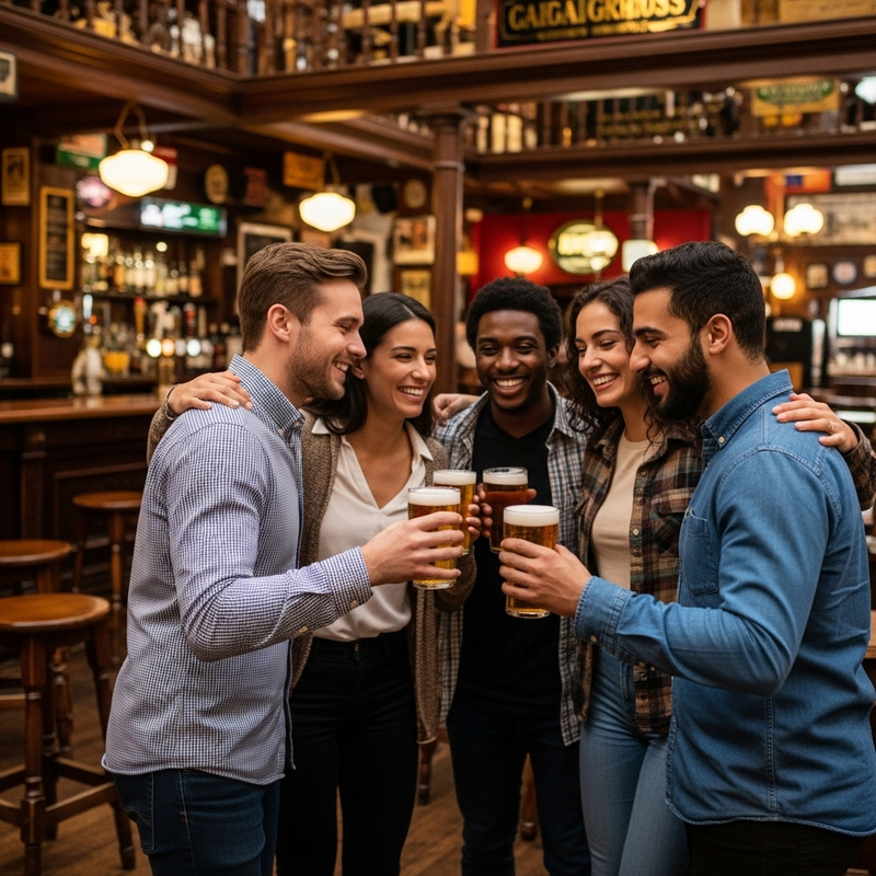 Four Friends Embracing in Vibrant Irish Pub Atmosphere Four Friends Embracing in Vibrant Irish Pub Atmosphere