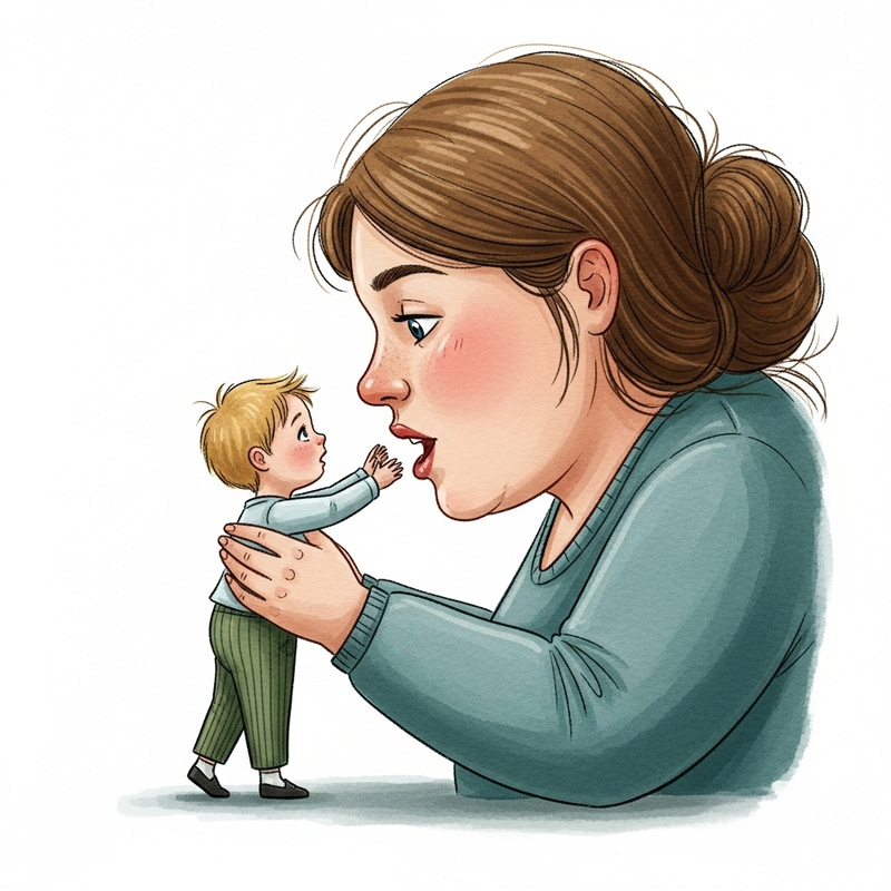 Gentle Giantess with Little Boy - Enchanting Fairytale Illustration