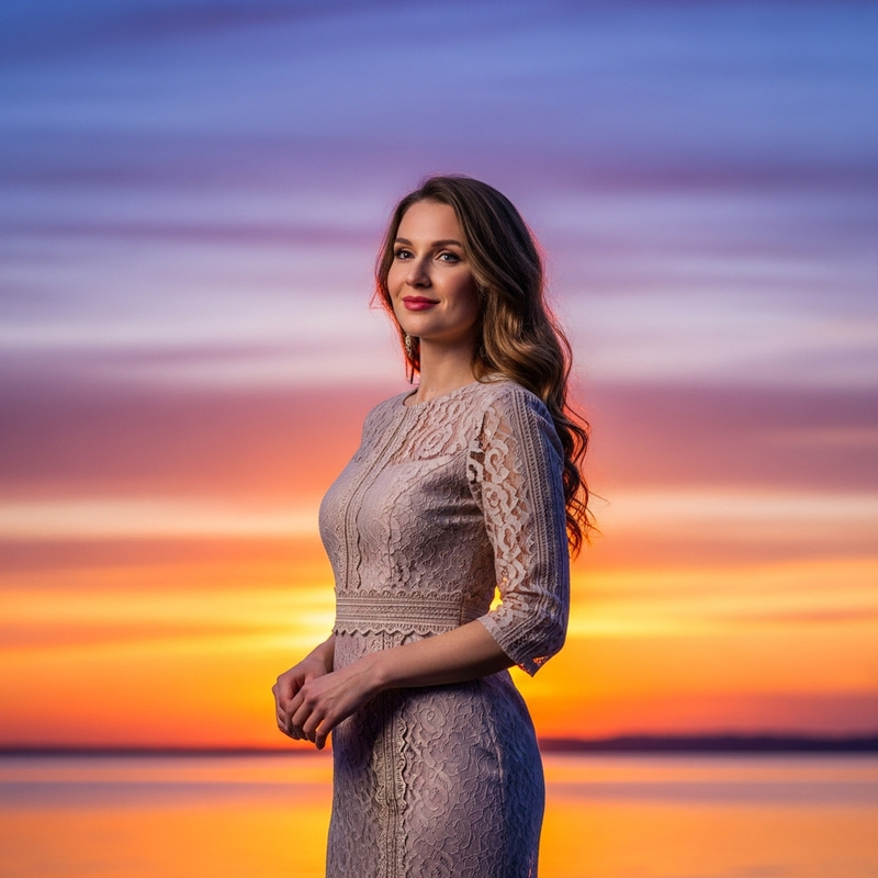 Elegant Woman in Vintage Dress at Sunset | Mis Avid Shooshani Portfolio Elegant Woman in Vintage Dress at Sunset | Mis Avid Shooshani Portfolio