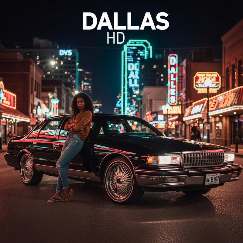Beautiful African American Woman Leaning on Gloss Black 1990 Chevy Caprice in Dallas Nightscape Beautiful African American Woman Leaning on Gloss Black 1990 Chevy Caprice in Dallas Nightscape