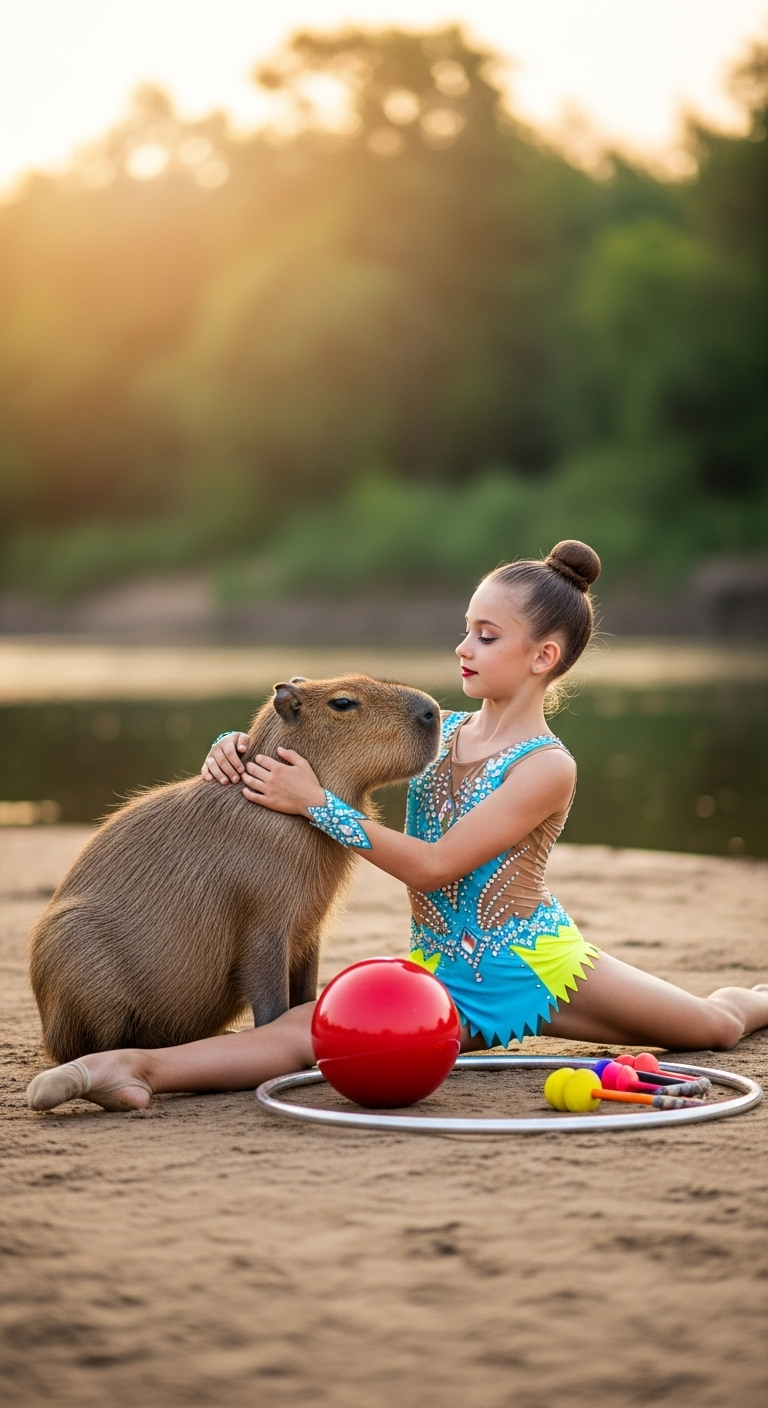 Caucasian Girl Rhythmic Gymnast with Capybara by River Bank