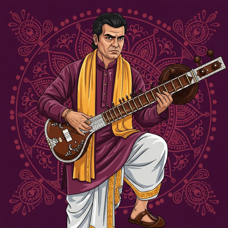 Indian Man Embracing Traditional Heritage with Sitar Indian Man Embracing Traditional Heritage with Sitar