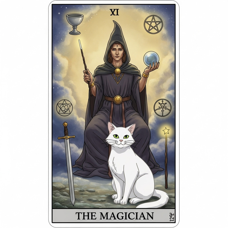 The Magician Tarot Card with Mystical White Cat