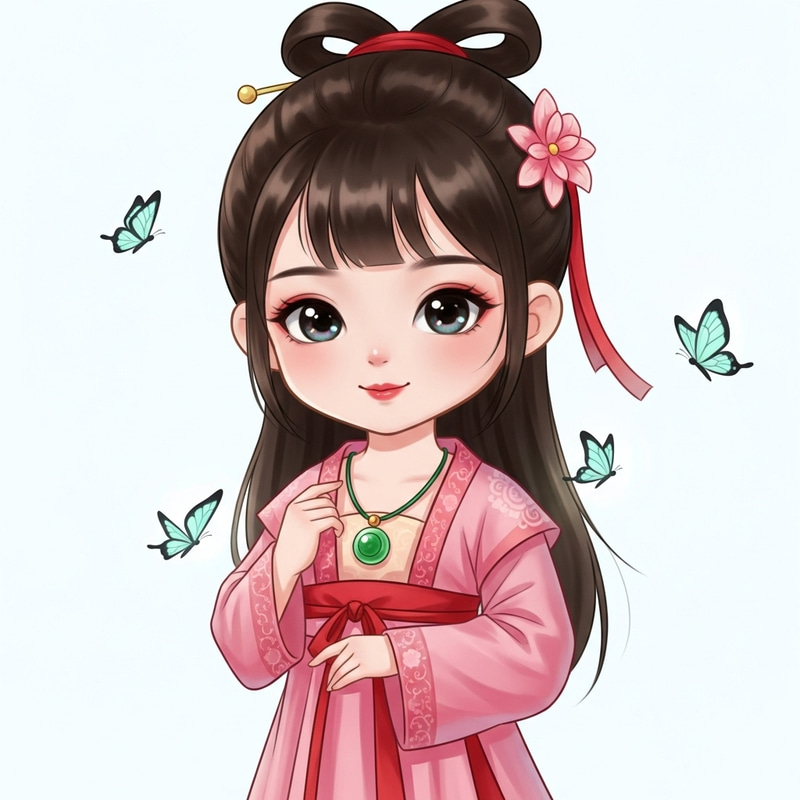 Enchanting Chibi Style Portrait of Young Asian Girl in Traditional Chinese Attire