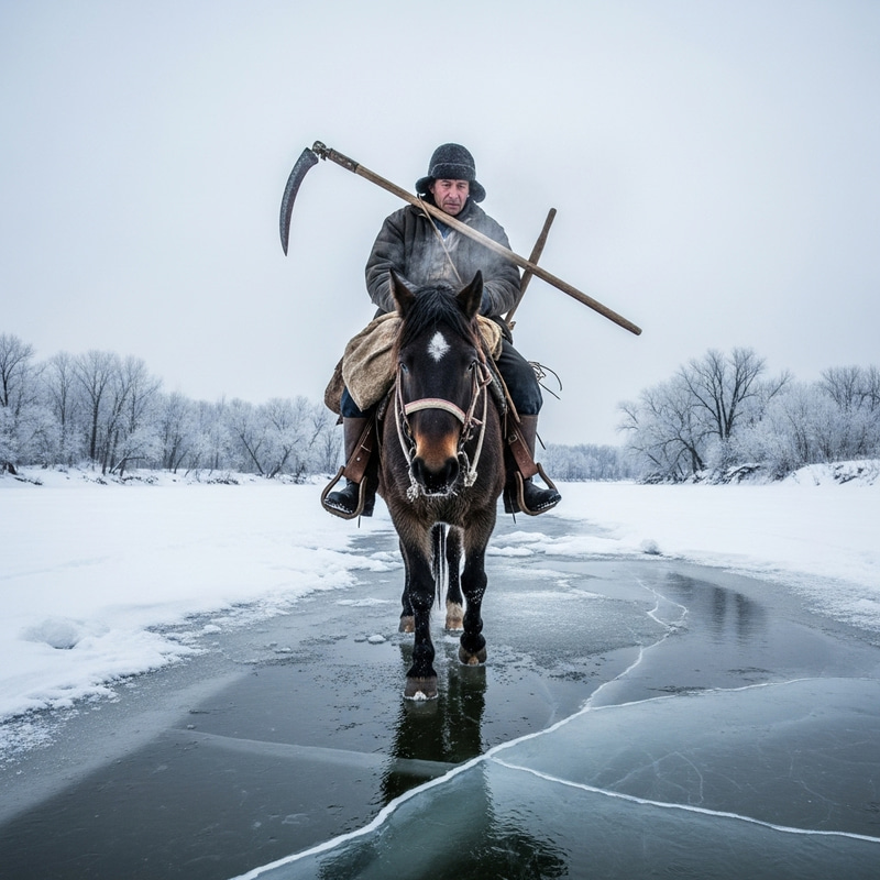 Symbolic Journey: Tired Worker Riding Horse on Frozen River Symbolic Journey: Tired Worker Riding Horse on Frozen River