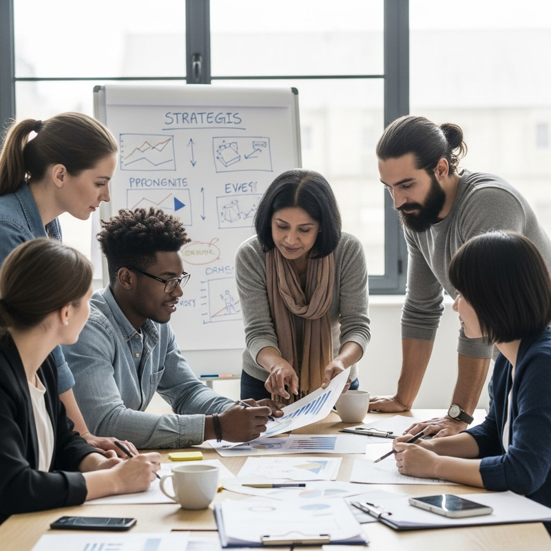 Diverse Team Collaboration: Multicultural Group Engaged in Strategy Session Diverse Team Collaboration: Multicultural Group Engaged in Strategy Session