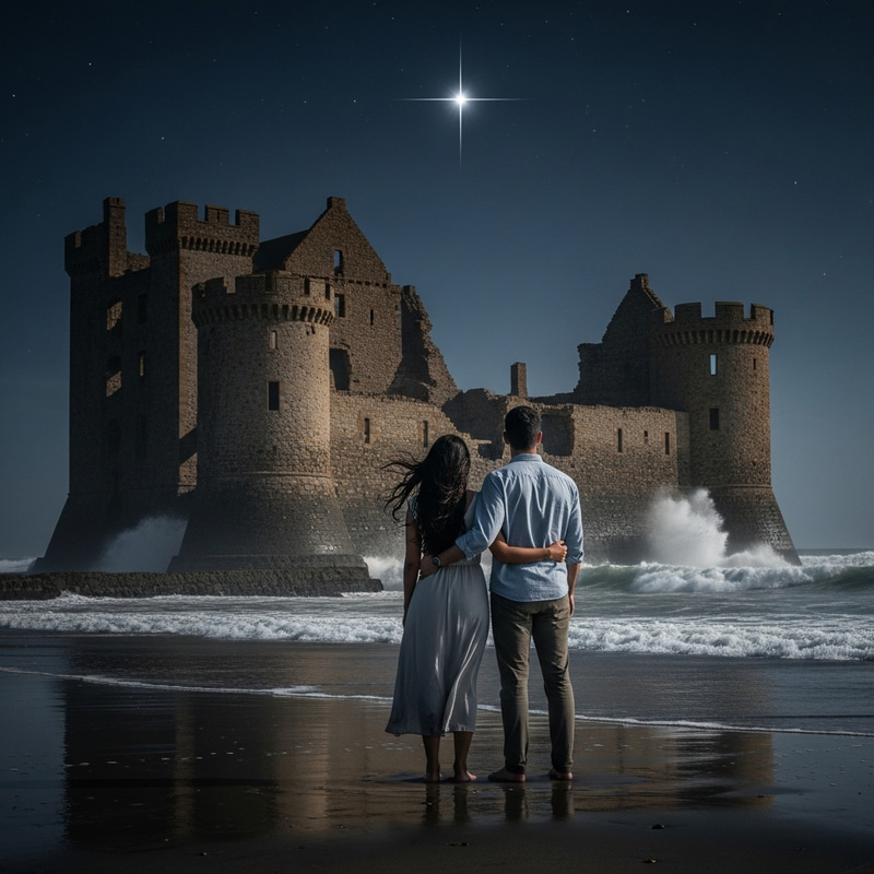 Enchanting Starry Beach Scene with Castle Silhouette