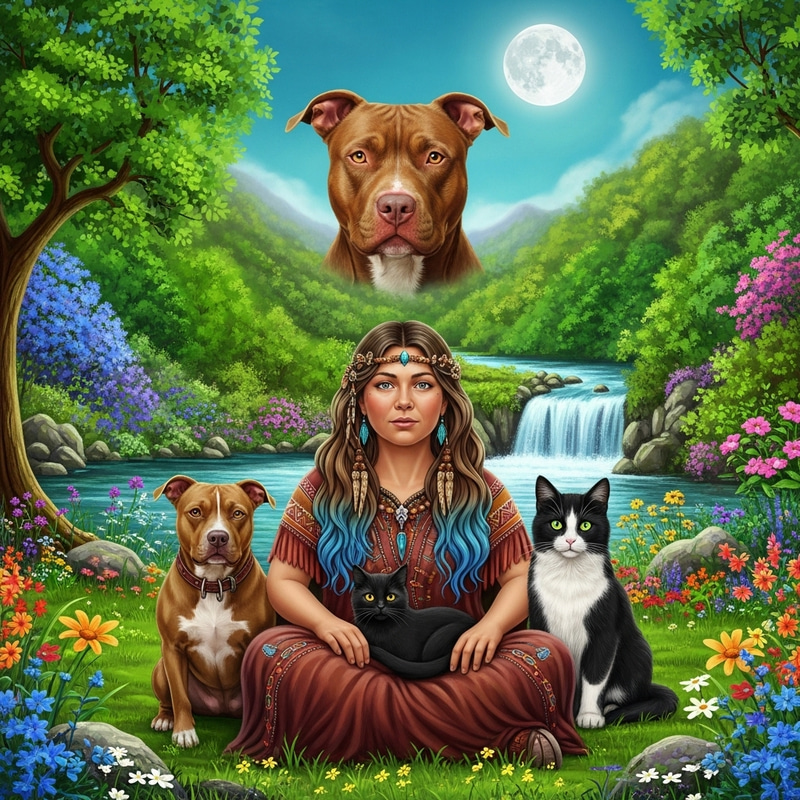Mystical Scene with Shamanistic Woman and Pit Bull Dog Mystical Scene with Shamanistic Woman and Pit Bull Dog