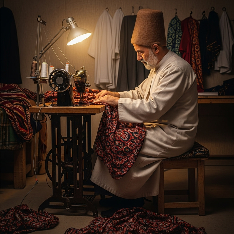Mature Middle-Eastern Dervish Sewing - Traditional Craftsmanship Mature Middle-Eastern Dervish Sewing - Traditional Craftsmanship