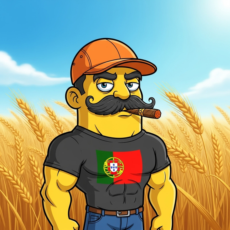 Muscular Yellow Cartoon Character with Mustache and Cigar in Portugal Wheat Field Muscular Yellow Cartoon Character with Mustache and Cigar in Portugal Wheat Field