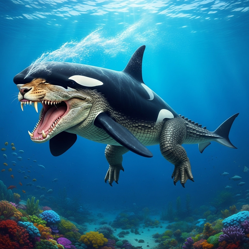 Unique Hybrid Creature: Orca with Crocodile Legs, Lioness Teeth, Shark Tail