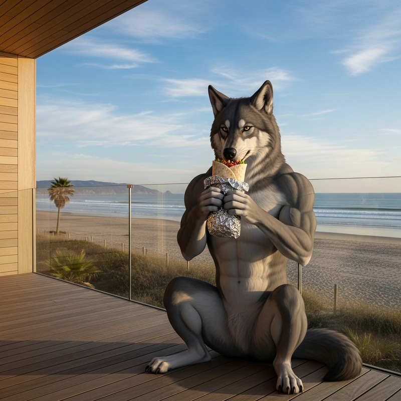 Fitness Wolf Eating Burrito on Beach House Terrace Fitness Wolf Eating Burrito on Beach House Terrace