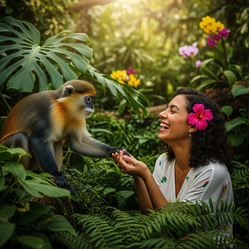 Playful Monkey and Companion in Vibrant Jungle Setting Playful Monkey and Companion in Vibrant Jungle Setting