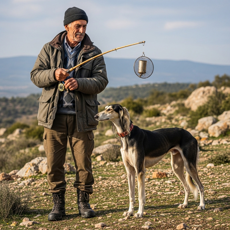 Elderly Man Hunting with Saluki Dog in the Wild