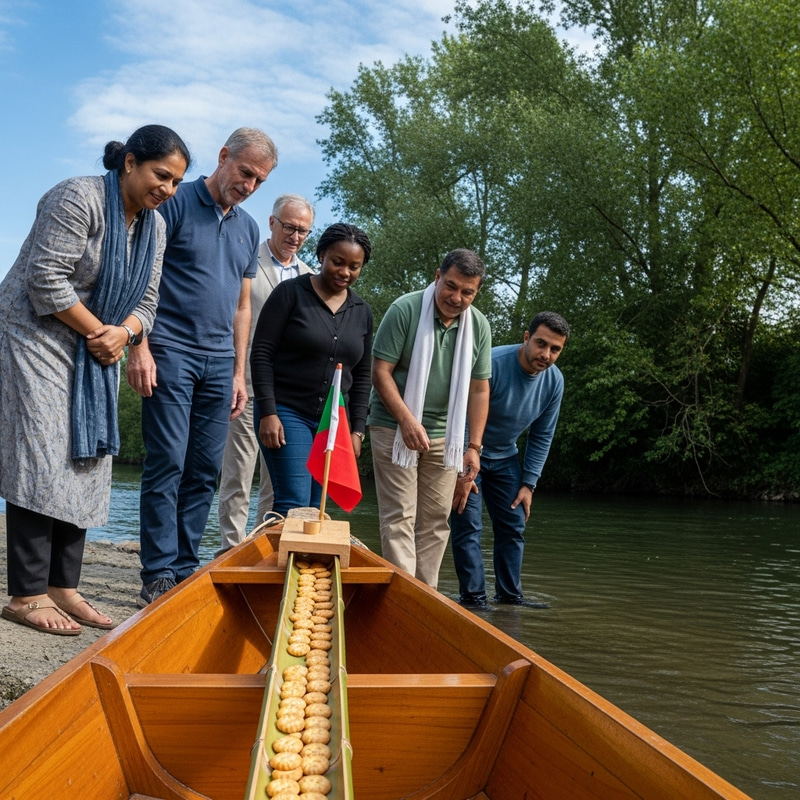 Diverse Adults Await Nagashi Somen Biscuits Delivery by Riverbank Diverse Adults Await Nagashi Somen Biscuits Delivery by Riverbank