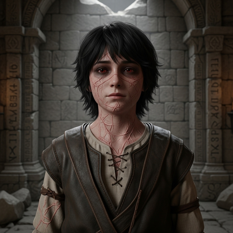 Pale Boy with Dark Red Eyes, Shaggy Black Hair, and Scarred Skin Pale Boy with Dark Red Eyes, Shaggy Black Hair, and Scarred Skin