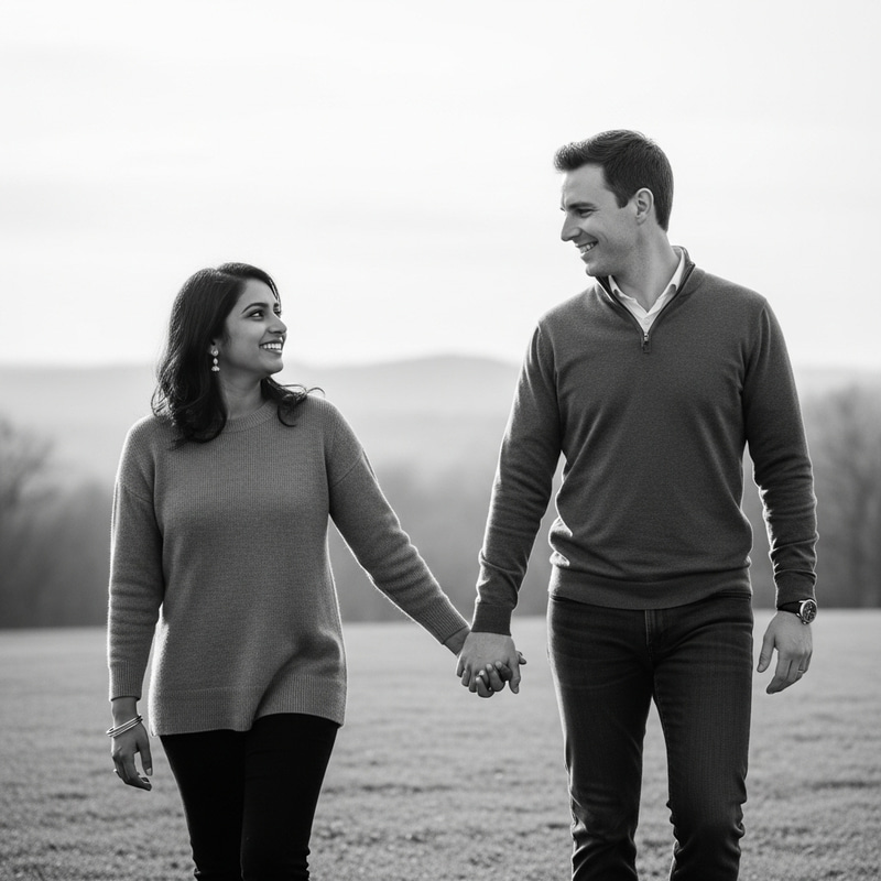 Interracial Couple Embracing in Serene Monochrome Setting