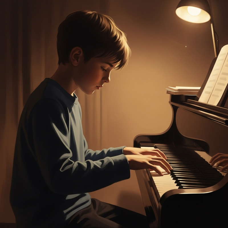 Impressionistic Scene of Young Pianist in Dreamlike Ambience