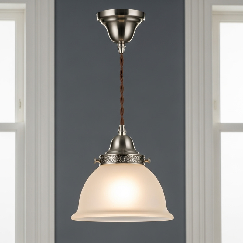 Elegant Brushed Metal Hanging Lamp with Vintage Glass Shade Elegant Brushed Metal Hanging Lamp with Vintage Glass Shade