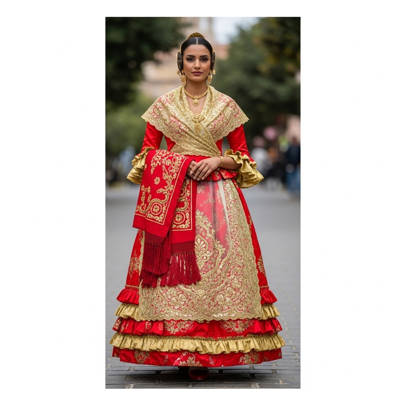 Traditional Sevillana Dress in Red and Gold