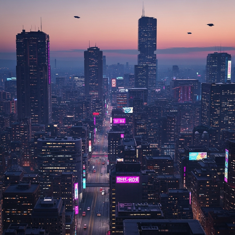 Futuristic Cyberpunk Cityscape - Vibrant Dusk Panorama Futuristic Cyberpunk Cityscape - Vibrant Dusk Panorama