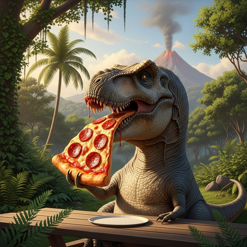 T-Rex Eating Pizza - Dinosaur Enjoying Slice