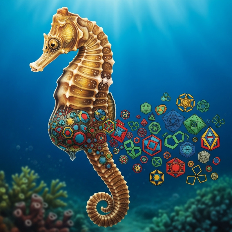 Realistic Seahorse Giving Birth: Geometric Patterns in Aquatic Harmony Realistic Seahorse Giving Birth: Geometric Patterns in Aquatic Harmony