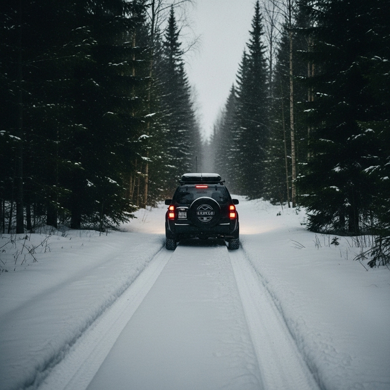 Car Driving in Dark Forest on Snowy Trail Car Driving in Dark Forest on Snowy Trail