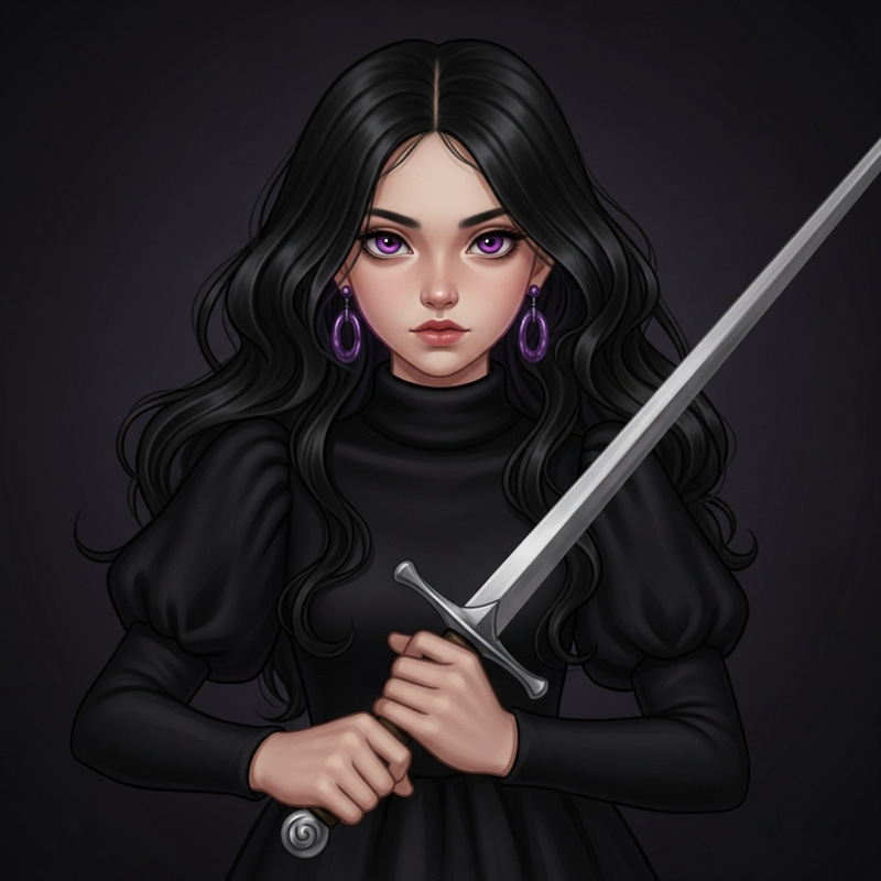 Young English Girl with Black, Thick, Long Wavy Hair and Violet Eyes Holding Sword Young English Girl with Black, Thick, Long Wavy Hair and Violet Eyes Holding Sword