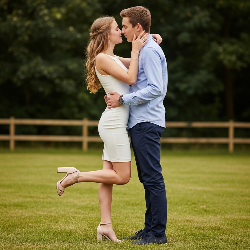 Fair Skin Teenage Couple Embracing and Kissing in White Dress | Romantic Scene