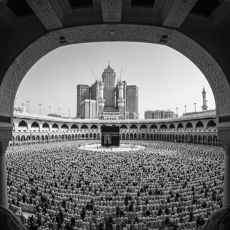 Devout Muslims Praying at Holy Mosque in Mecca - Grandeur in Black and White Devout Muslims Praying at Holy Mosque in Mecca - Grandeur in Black and White