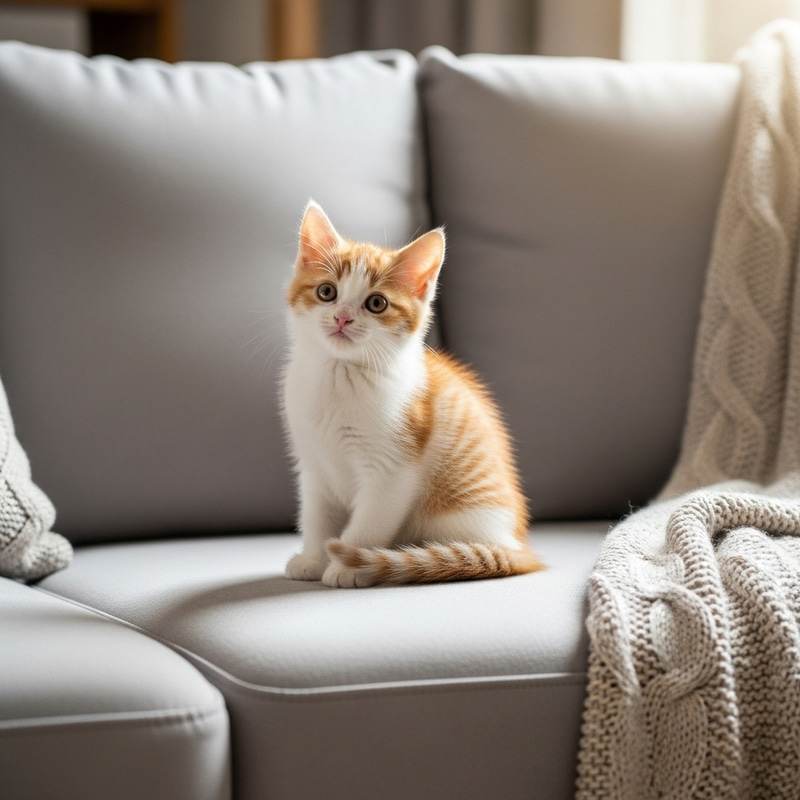 Charming Orange & White Kitten Relaxing on Couch Charming Orange & White Kitten Relaxing on Couch