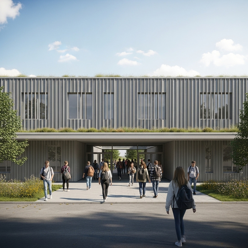 Modern Green-Roofed College Building with Vertical Gray Cladding