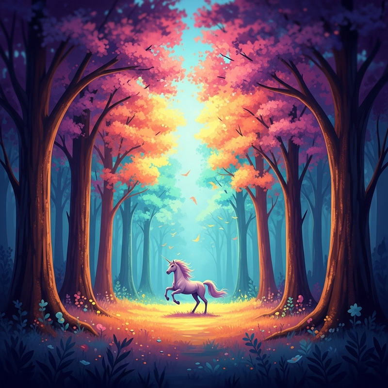 Enchanting Unicorn Galloping Amidst Mystical Forest - Fantasy Art Enchanting Unicorn Galloping Amidst Mystical Forest - Fantasy Art