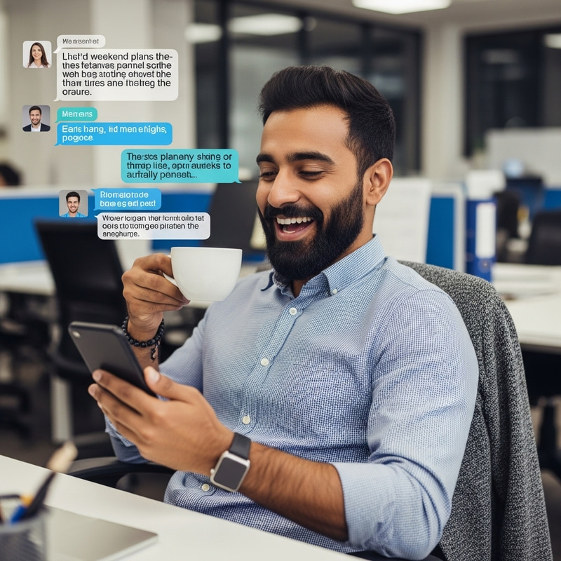 Attractive Man Engaging in Group Chat at Workplace