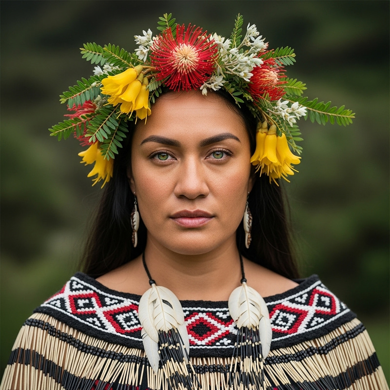 Maori Woman in Traditional Attire, Adorned with Native Flowers - Fine Art Portrait
