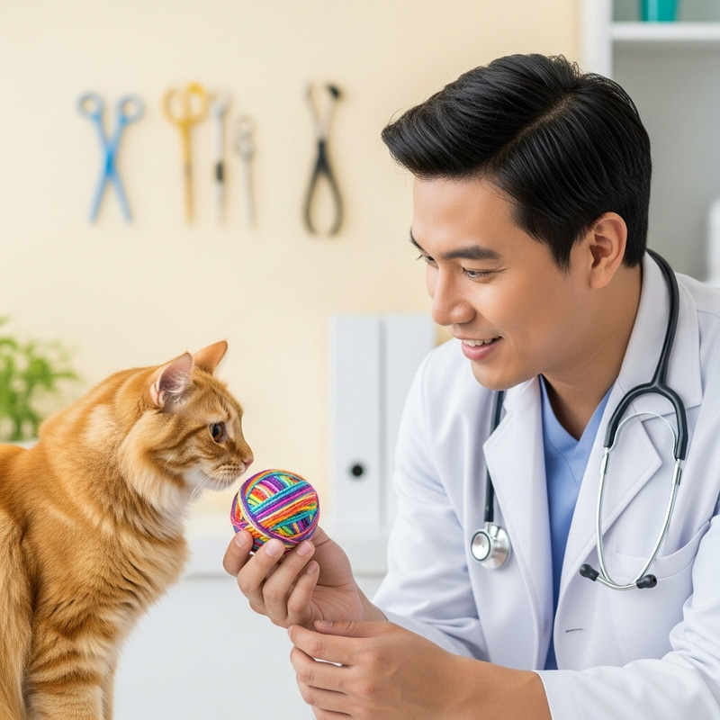 Gregarious Vet and Fluffy Cat Embracing Playful Moment
