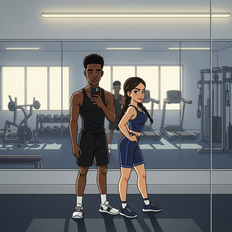 Cartoon Gym Selfie of Black 21-Year-Old Male & Hispanic Female