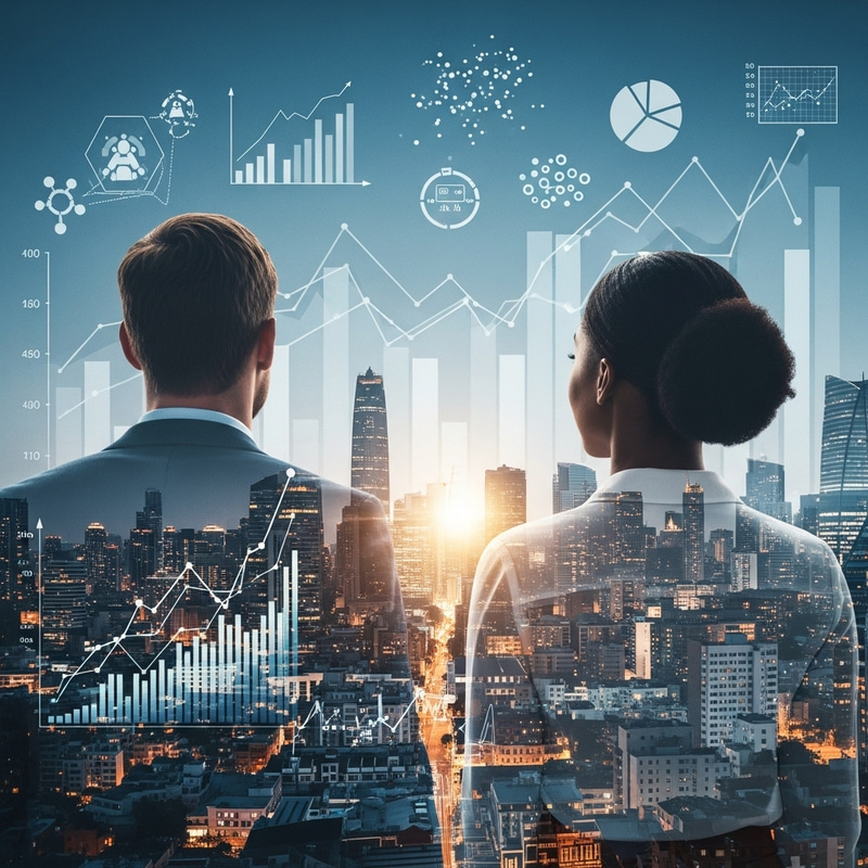 Business Leaders Observing Cityscape with Innovation and Growth Charts Business Leaders Observing Cityscape with Innovation and Growth Charts