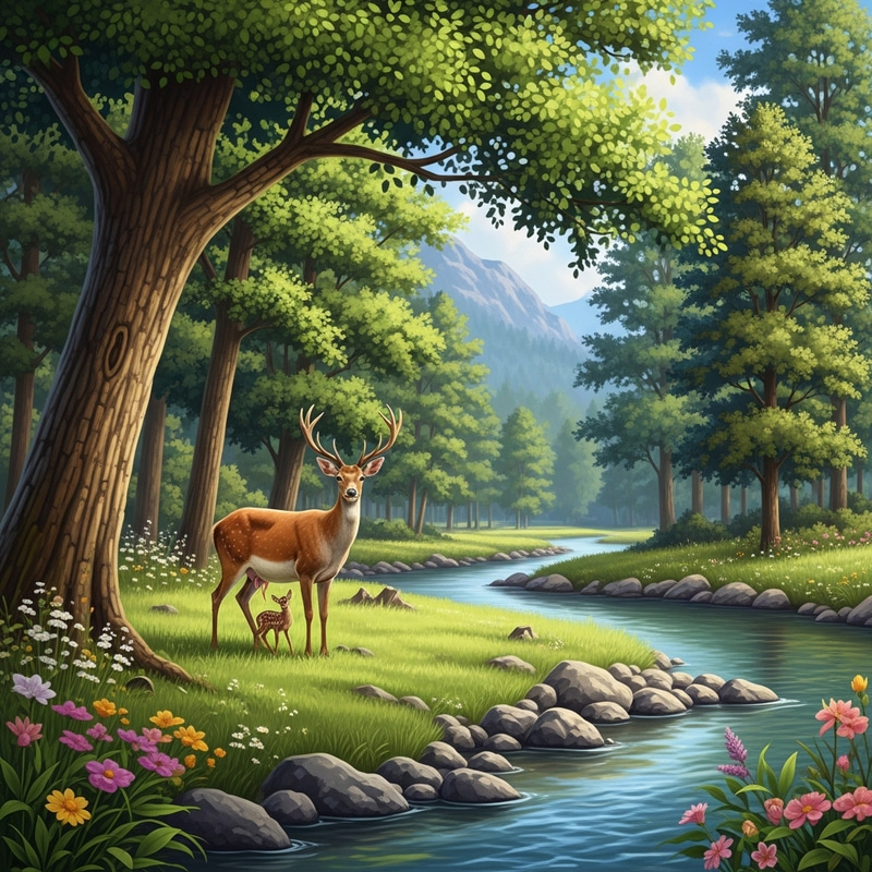 Regal Deer Giving Birth in Forest Near River Regal Deer Giving Birth in Forest Near River