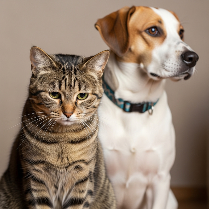 Sad Cat Sitting Near Oblivious Dog - Emotional Domestic Scene Sad Cat Sitting Near Oblivious Dog - Emotional Domestic Scene